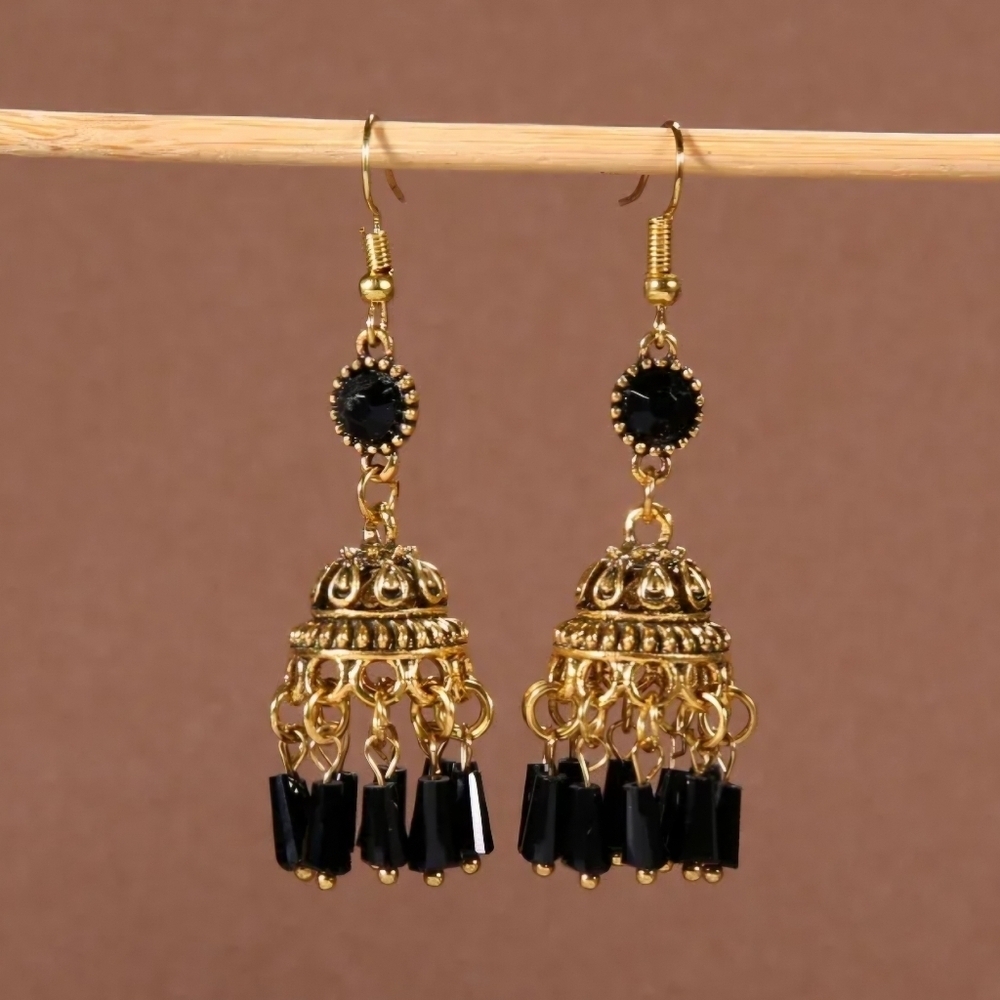 Jhumkas Earrings Black Rhinestones and Gold Drop Earrings